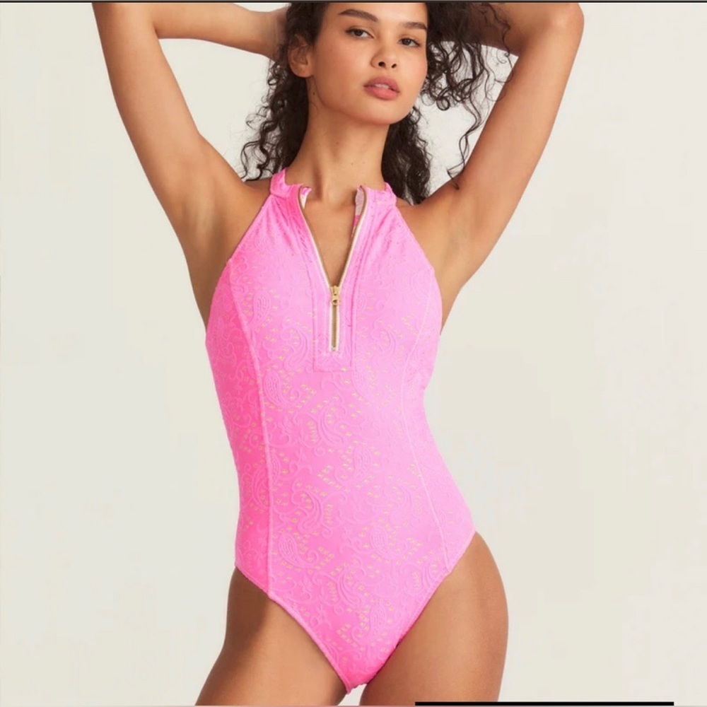 LOVESHACKFANCY X HURLEY - EYELET PAISLEY MODERATE ONE PIECE Cotton Candy - Picture 1 of 16